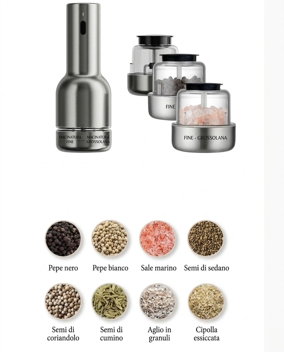 FIXORA™ Macinaspezie Elettrico Smart | Set Modulare in Acciaio Inox con Base